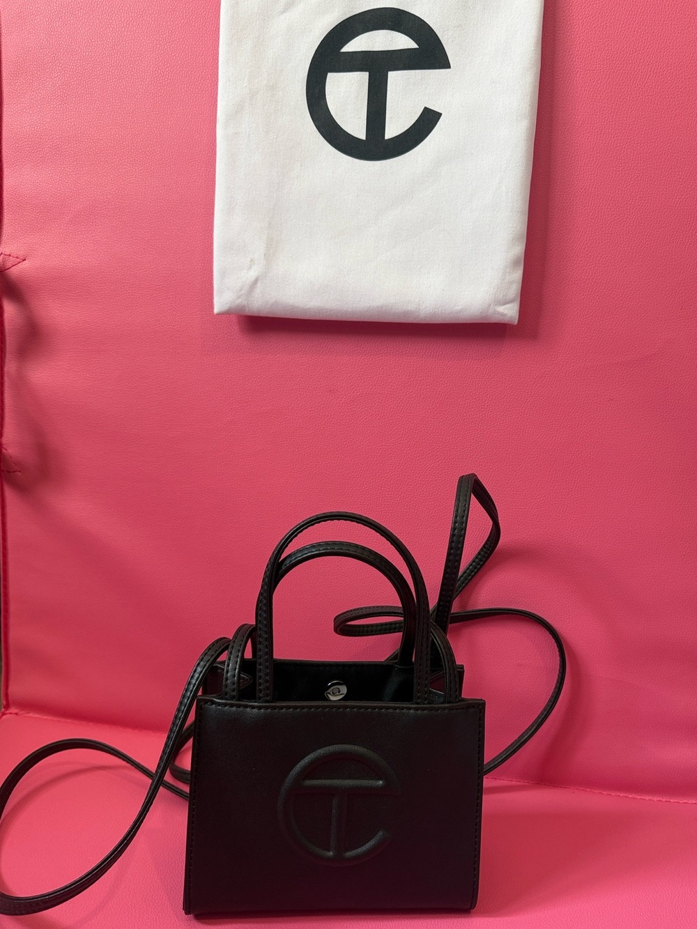 Telfar Mini Black Leather Shopping Bag with Crossbody Strap